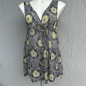 New York & Company Sleevelss Empire Tunic Blouse Navy/Green Print L EUC​